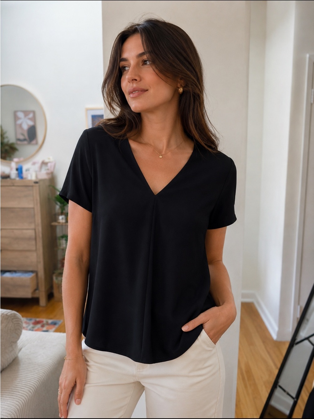 Theory Black V-Neck Short-Sleeve Blouse
